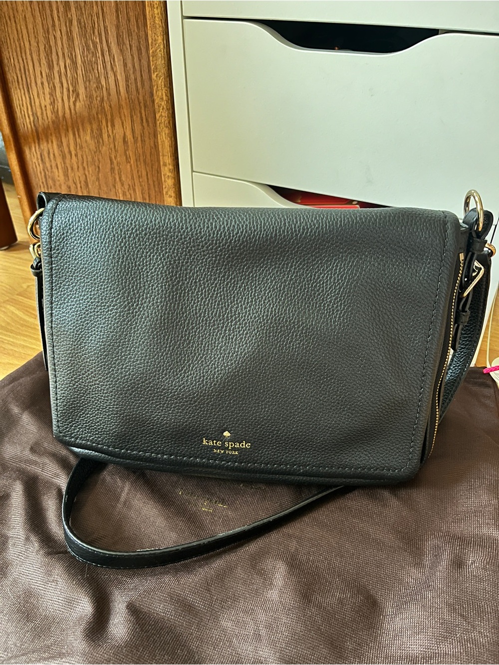 kate spade Black Pebbled Leather Messenger Bag with Gold Hardware